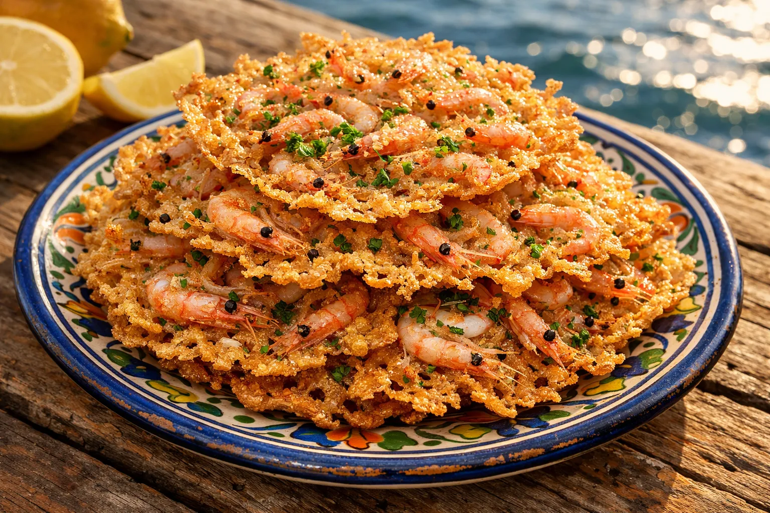 Plato terminado y emplatado: Tortillitas de Camarones de Cádiz