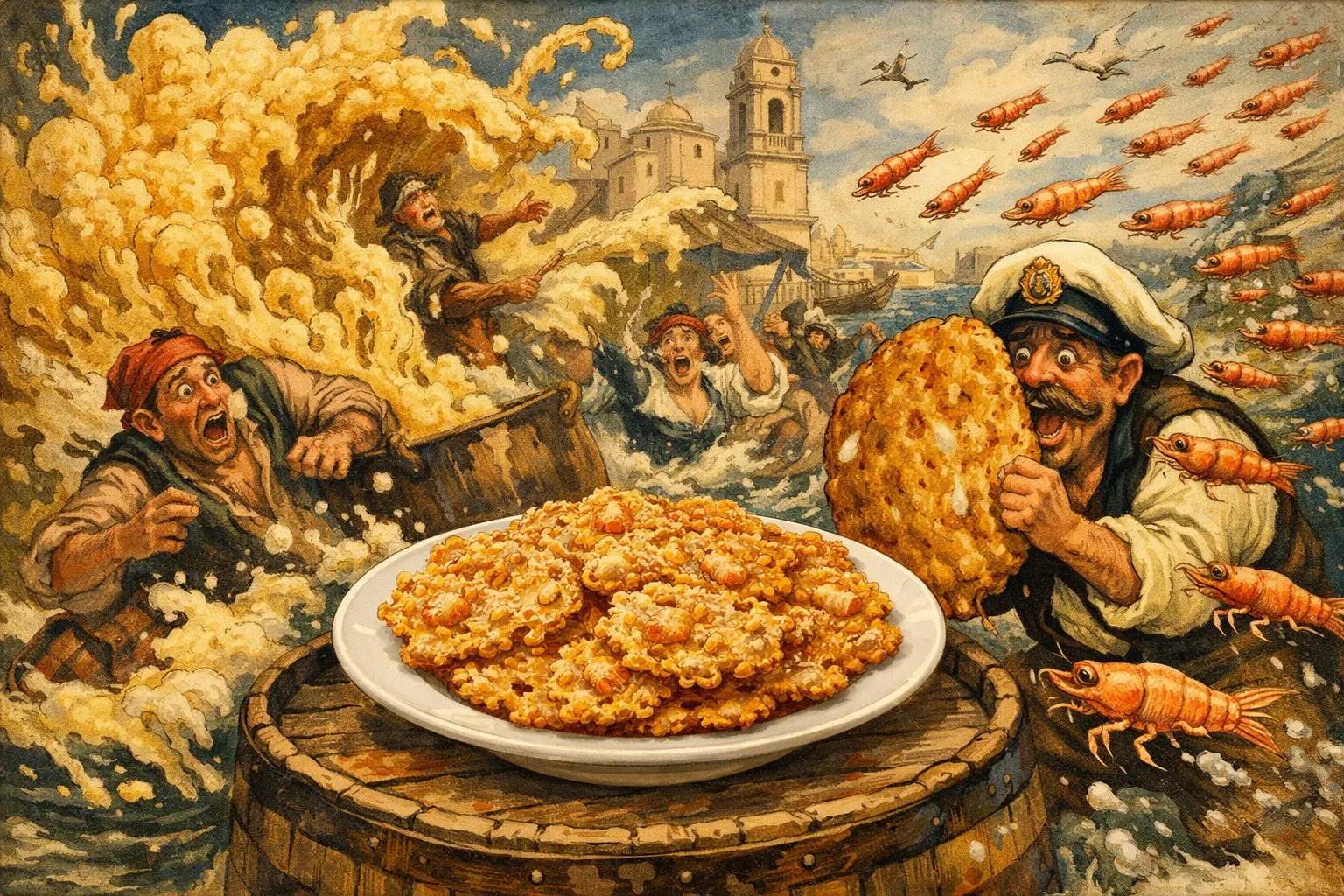 Composición final humorística de Tortillitas de Camarones de Cádiz con Camarones crudos muy pequeños (con cáscara), Harina de trigo (fuerza suave), Harina de garbanzo, Cebolleta fresca, muy finamente picada, Perejil fresco, picado muy fino