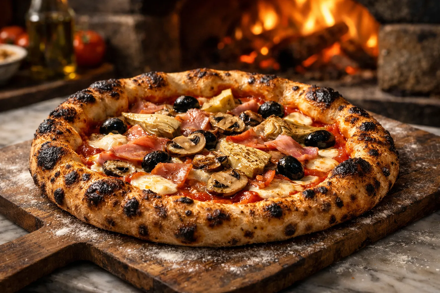 Plato terminado y emplatado: Pizza Capricciosa Auténtica