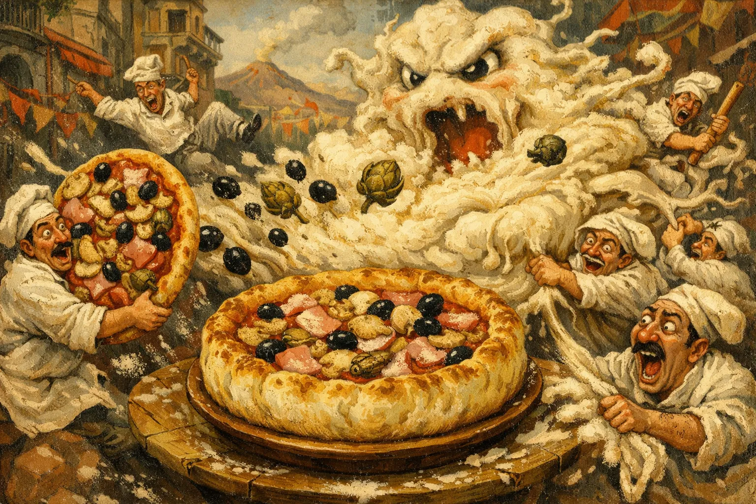 Composición final humorística de Pizza Capricciosa Auténtica con Harina de fuerza (tipo 0 o 00 ideal para pizza), Agua tibia, Levadura fresca de panadero (o 3g de levadura seca), Sal fina (para la masa), Tomate triturado natural (Passata)