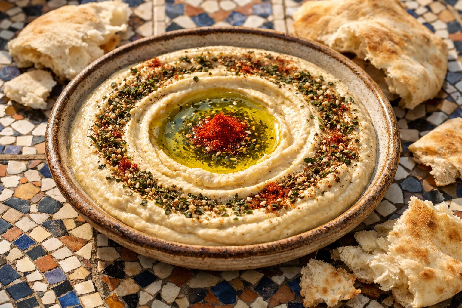 Plato terminado y emplatado: Hummus Cremoso con Ajo Asado y Zaatar