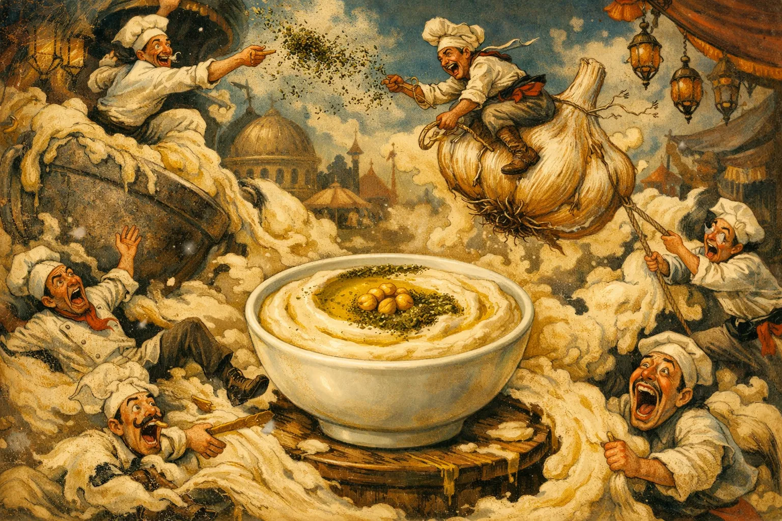 Composición final humorística de Hummus Cremoso con Ajo Asado y Zaatar con Garbanzos cocidos (bote de cristal o caseros, escurridos), Tahini de calidad (pasta de sésamo 100% pura), Zumo de limón recién exprimido, Cabeza de ajo entera (para asar), Agua helada