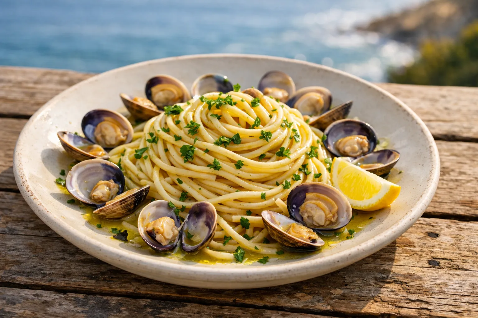 Plato terminado y emplatado: Spaghetti alle Vongole con Limón y Perejil