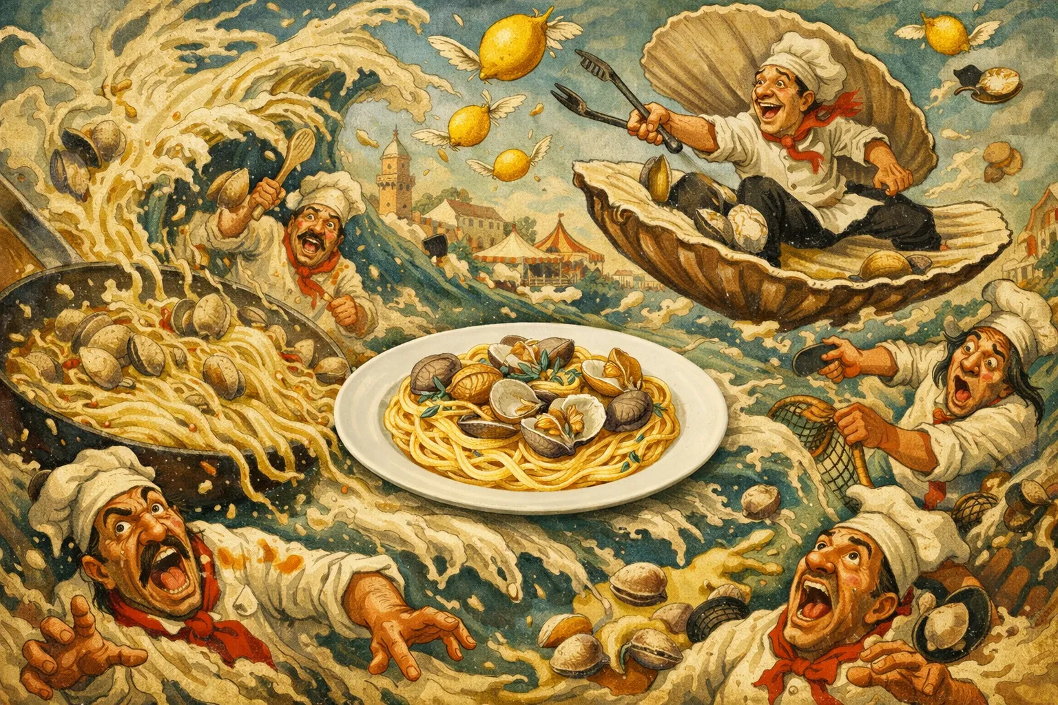 Composición final humorística de Spaghetti alle Vongole con Limón y Perejil con Spaghetti de calidad (o linguine), Almejas frescas (vivas, purgadas en agua con sal), Dientes de ajo, laminados finos, Vino blanco seco, Aceite de Oliva Virgen Extra