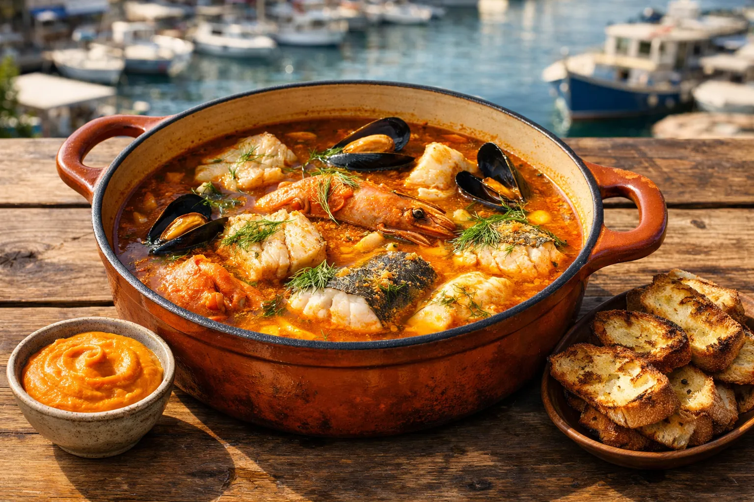 Plato terminado y emplatado: Bouillabaisse: Sopa de Pescado Provenzal