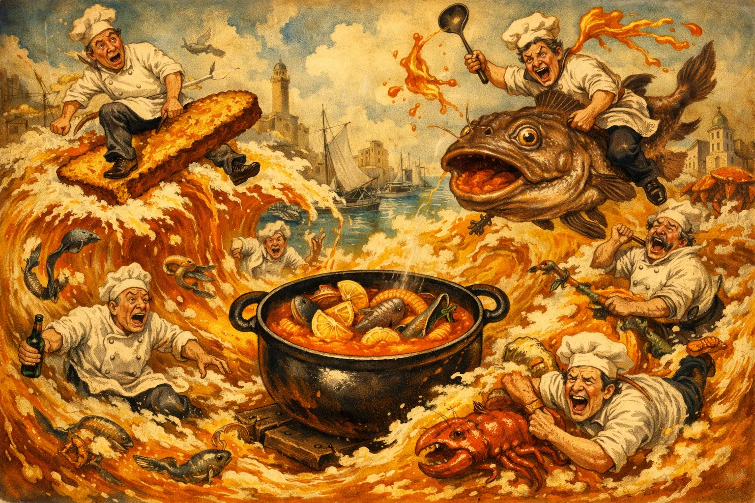 Composición final humorística de Bouillabaisse: Sopa de Pescado Provenzal con Pescado de roca variado (rape, dorada, lubina, merluza), limpio y en trozos grandes, Cabezas y espinas de pescado (para el fumet), Cebolla grande, picada fina, Puerro, parte blanca, en rodajas, Bulbo de hinojo fresco, en rodajas finas