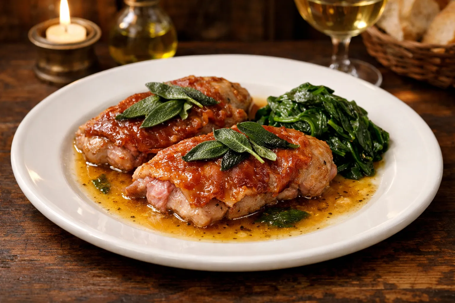 Plato terminado y emplatado: Saltimbocca alla Romana con Salvia y Jamón