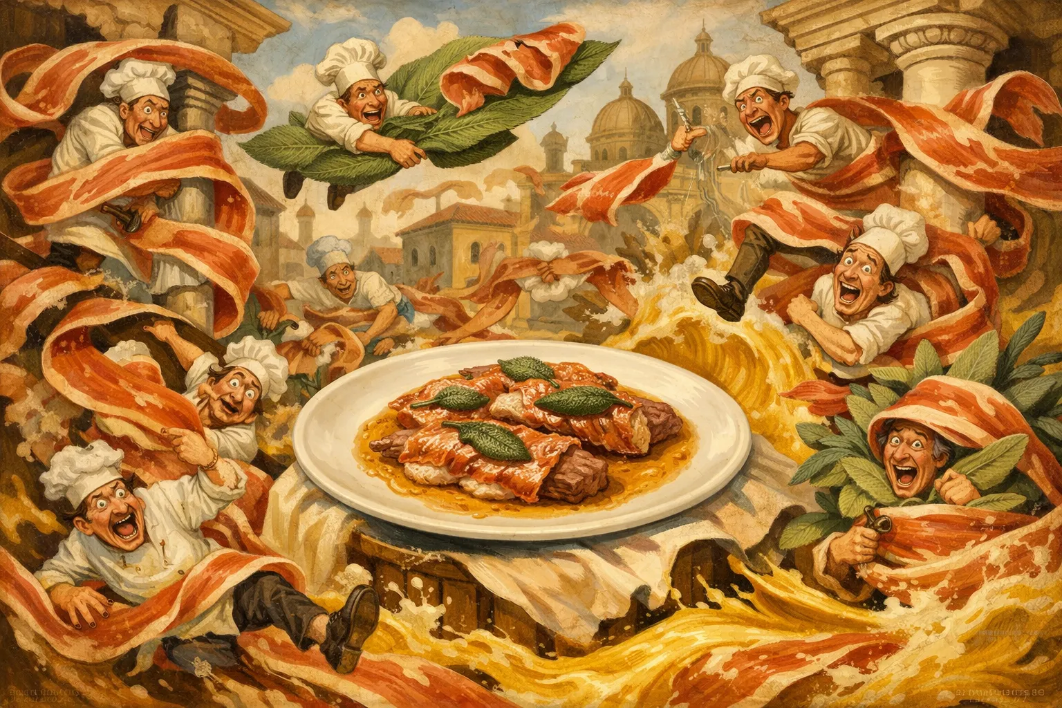 Composición final humorística de Saltimbocca alla Romana con Salvia y Jamón con Escalopas finas de ternera (filete o babilla), de unos 5mm, Lonchas finas de prosciutto crudo (jamón curado italiano), Hojas grandes de salvia fresca, Mantequilla sin sal, Aceite de Oliva Virgen Extra