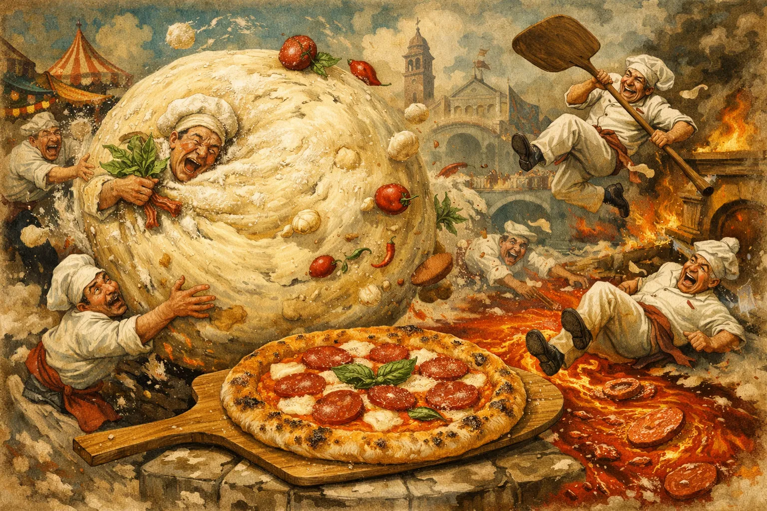 Composición final humorística de Pizza Diavola Auténtica (Masa de 48h) con Harina de fuerza (tipo 00, al menos 12% proteína), Agua fría (preferiblemente mineral), Sal fina, Levadura fresca de panadero, Tomates San Marzano enteros en lata, escurridos y triturados a mano