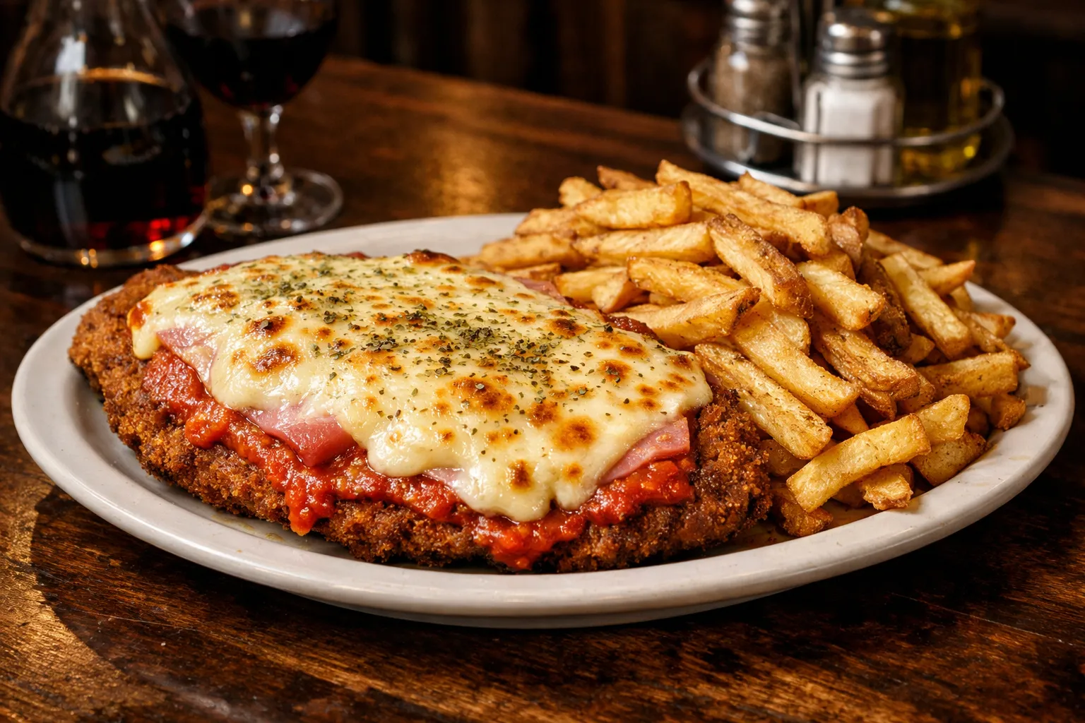Plato terminado y emplatado: Milanesa a la Napolitana con Papas Fritas