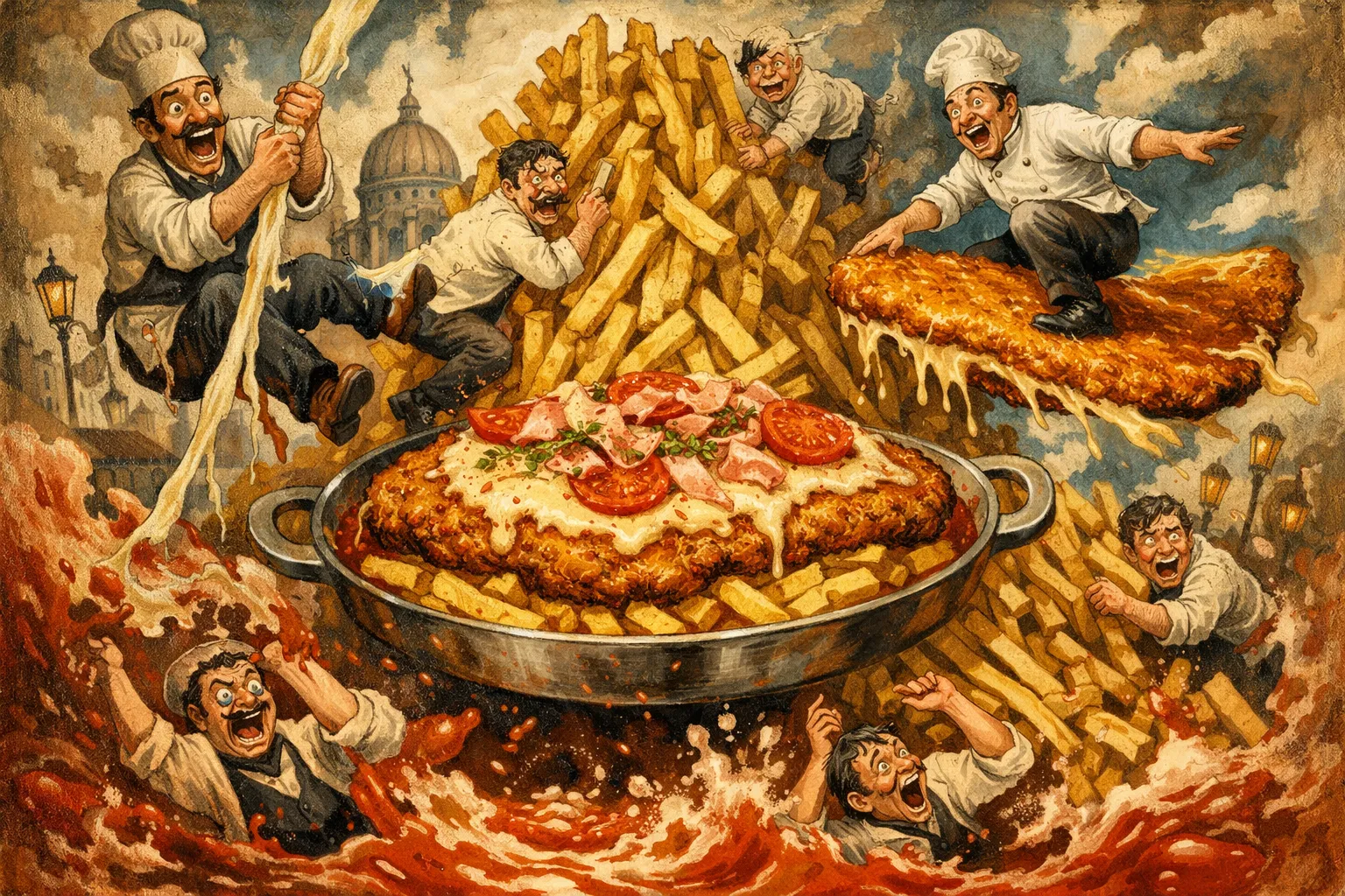 Composición final humorística de Milanesa a la Napolitana con Papas Fritas con Filetes de ternera finos (nalga, bola de lomo o peceto), sin nervios, Pan rallado provenzal (mezclado con 1 diente de ajo y perejil muy picados), Huevos grandes, Mostaza de Dijon o clásica, Salsa de tomate casera o puré de tomate condimentado con orégano